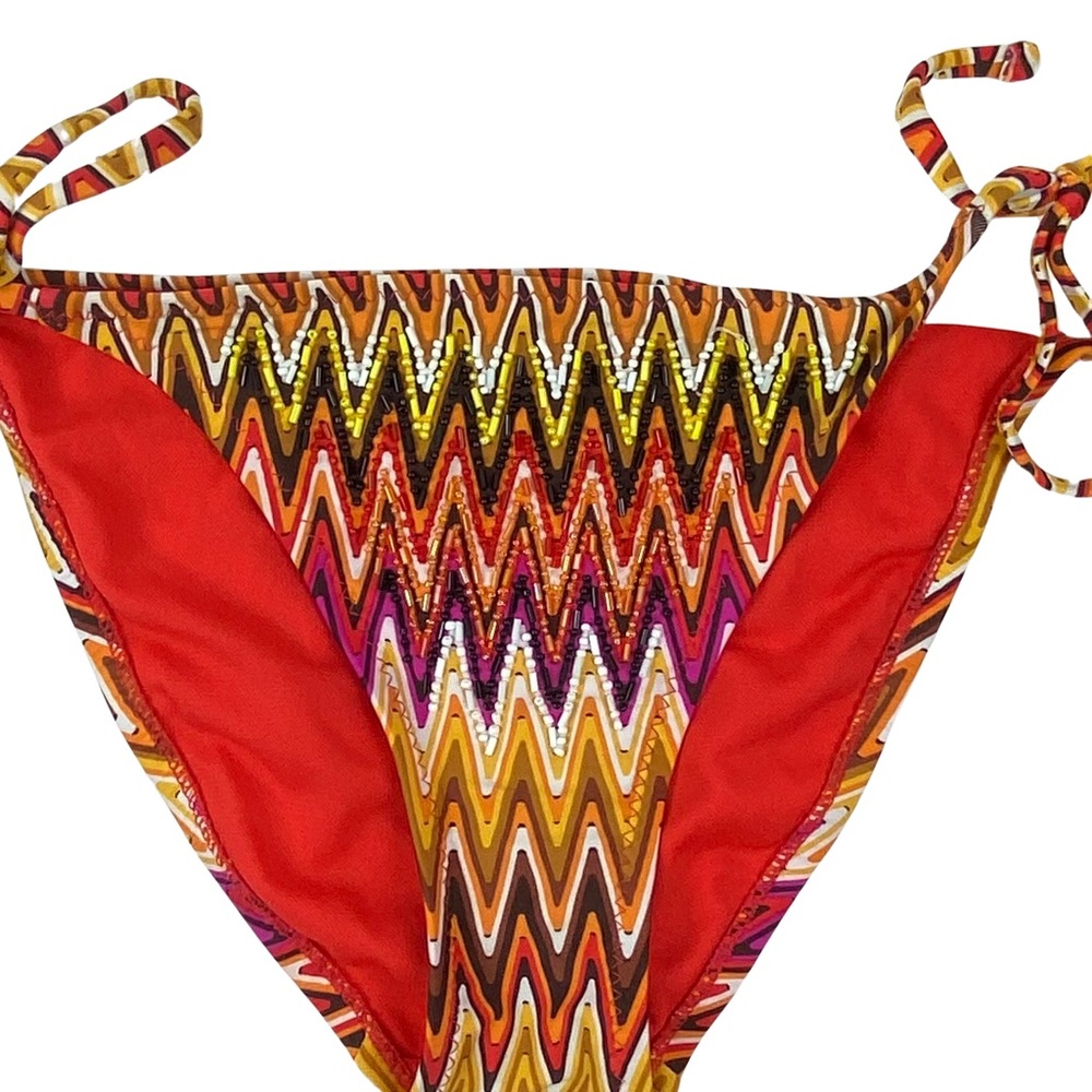 Beaded Bikini Bottom, Colorful Zigzag Design, Hot Pink, Orange, Yellow Fire, EUC